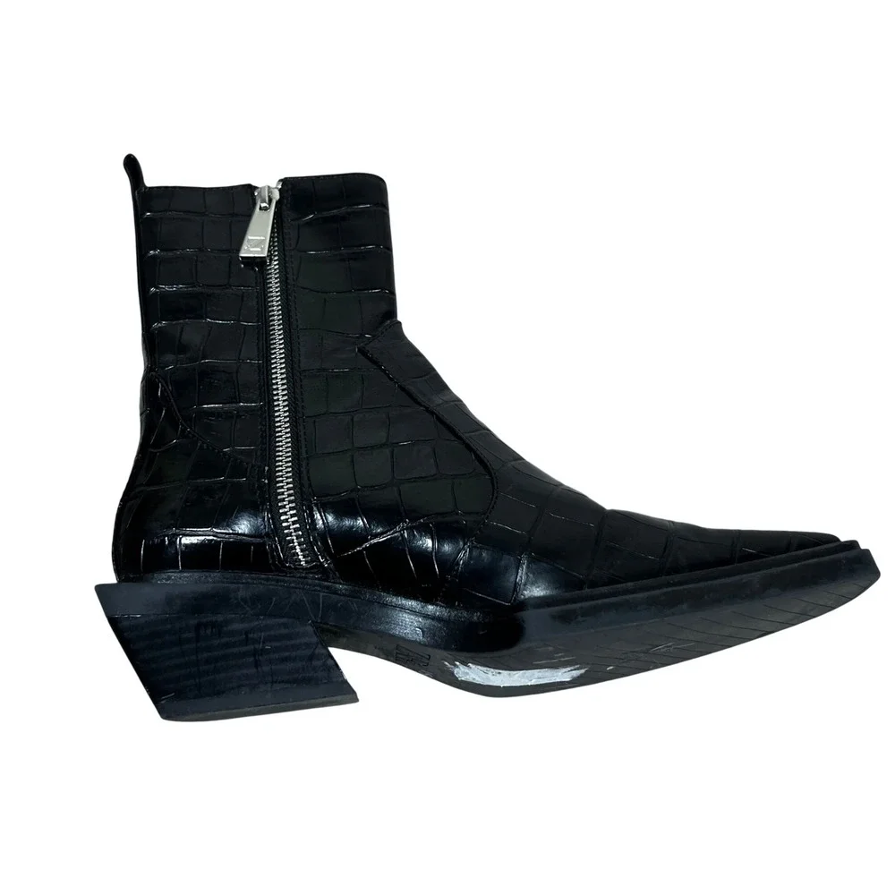 Zara Croc Embossed Square Toe Ankle Boots Black Architectural Heel Size 38 / 7.5